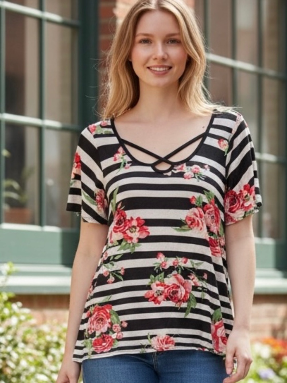 Ella Mara Striped Floral Criss-Cross Neck Top - NWOT